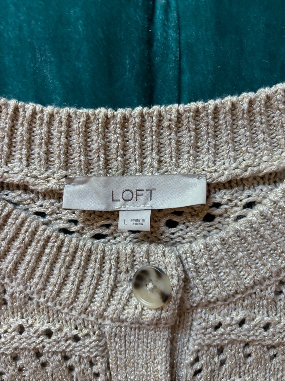 LOFT Beige and Gold thread Open-Knit Button Front Cardigan - Picture 6 of 8